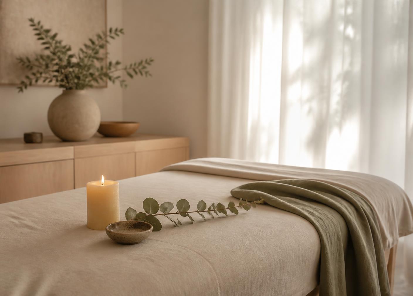 Calm treatment room with candlelight, linen and eucalyptus