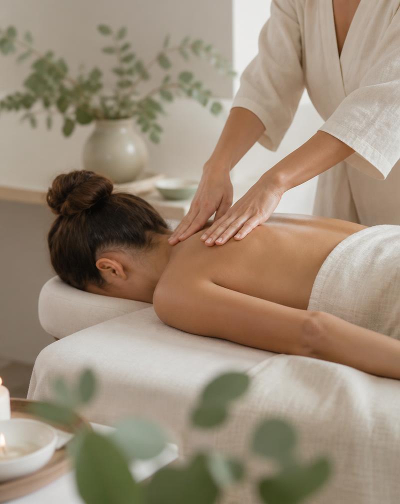 Back, neck and shoulder massage on a linen-covered couch
