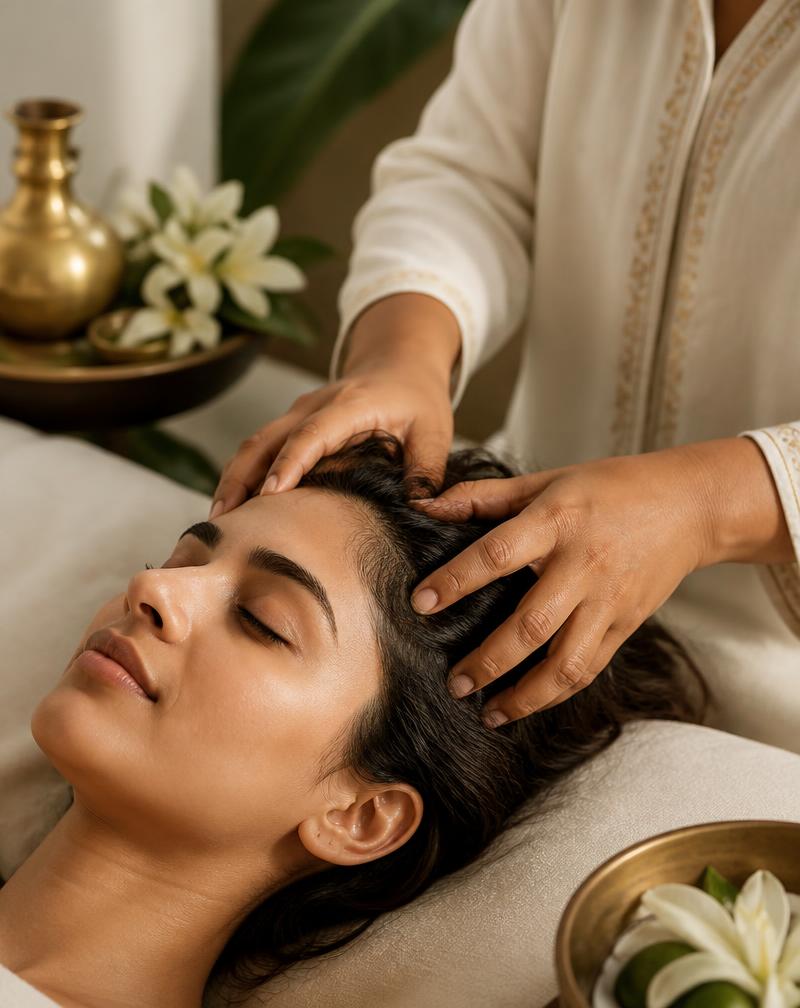 Gentle Indian head massage, hands working through the scalp