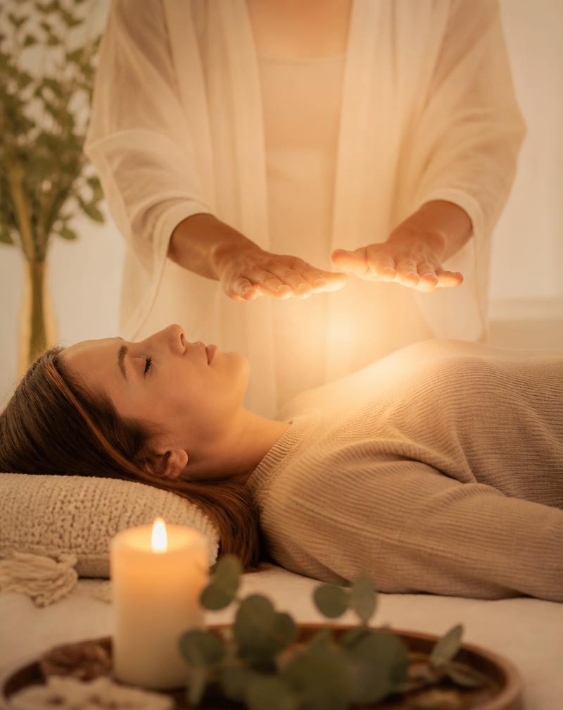 Reiki healing with hands held softly above a resting client